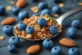 Granola- almonds- blueberry and milk on spoon Royalty Free Stock Photo