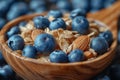 Granola- almonds- blueberry and milk on spoon Royalty Free Stock Photo