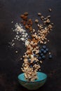 Granola, almonds, raisins and blueberries - the ingredients for a healthy breakfast. Close-up, top view on  dark background Royalty Free Stock Photo