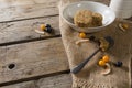 Granola bar and berry fruit on wooden table Royalty Free Stock Photo