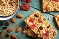 Granola bar on a blue wooden table Royalty Free Stock Photo