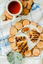 Granola bar cake with date caramel and chocolate. Healthy sweet dessert snack. Cereal granola bar with nuts, fruit and berries on Royalty Free Stock Photo