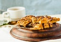 Granola bar cake with date caramel and chocolate. Healthy sweet dessert snack. Cereal granola bar with nuts, fruit and berries on Royalty Free Stock Photo