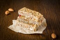 Granola bar or energy bar on brown background Royalty Free Stock Photo