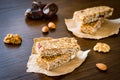 Granola bar or energy bar on brown background Royalty Free Stock Photo