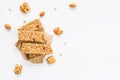 Granola bar or energy bar on white background