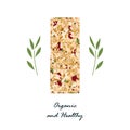 Granola bar with flax, sezame, and sunflower seeds and with dried fruits isolated on white. Energy bar vector, organic