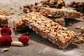 Granola bar. Healthy sweet dessert snack. Cereal granola bar wit