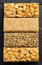 Granola bar. Healthy sweet dessert snack. Sesame, hazelnut, sunflower in honey. Gozinaki is Georgian national food Royalty Free Stock Photo