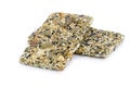 Granola bar sesame, sunflower seed and pumpkin seed bar on whi Royalty Free Stock Photo