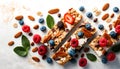 Granola bars with berries and nuts on light background, top view