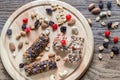 Granola bars with dried berries and chocolate Royalty Free Stock Photo