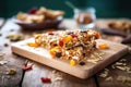 granola bars with dried fruit on wood surface