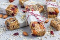 Granola bars with figs, oatmeal, almond, cranberry, chia, sunflower seeds Royalty Free Stock Photo