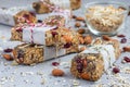 Granola bars with figs, oatmeal, almond, cranberry, chia, sunflower seeds Royalty Free Stock Photo