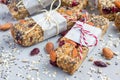 Granola bars with figs, oatmeal, almond, cranberry, chia, sunflower seeds Royalty Free Stock Photo