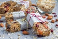 Granola bars with figs, oatmeal, almond, cranberry, chia, sunflower seeds Royalty Free Stock Photo