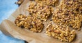 Granola bars, healthy protein full snacks with oats, nuts and chocolate Royalty Free Stock Photo