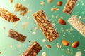 Granola bars and nut clusters floating on green background Royalty Free Stock Photo