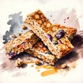 Granola bars with nuts and raisins, watercolor illustration