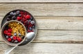 Granola with berries. Raspberries, blueberries, currants. Diet Royalty Free Stock Photo