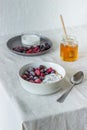 Granola with berries, yoghurt and honey. Raspberries, blueberries, currants Royalty Free Stock Photo