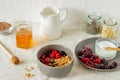 Granola with berries, yoghurt and honey. Raspberries, blueberries, currants Royalty Free Stock Photo