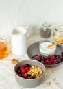 Granola with berries, yoghurt and honey. Raspberries, blueberries, currants Royalty Free Stock Photo