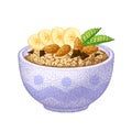 Granola in bowl with banana, almond nuts, chocolate, mint leaves. Oatmeal breakfast, oat grain porridge. Cereal food
