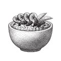Granola in bowl with banana, almond nuts, chocolate, mint leaves. Oatmeal breakfast, oat grain porridge. Cereal food