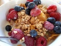 Granola bowl with raspberries and blueberries