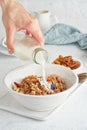 Granola. Breakfast, healthy diet food with oat flakes, nuts, banana Royalty Free Stock Photo