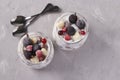 Granola crispy honey muesli with frozen berries, cottage cheese and natural yogurt, located in two glass jars on a gray background Royalty Free Stock Photo