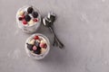 Granola crispy honey muesli with frozen berries, cottage cheese and natural yogurt in two glass jars on light gray Royalty Free Stock Photo