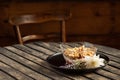 Granola, tasty dessert with Greek yogurt and mixed berries on wooden table Royalty Free Stock Photo