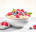 Granola and dairy product with banana, blueberry and raspberry on a white isolated background. Generated AI