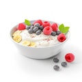 Granola and dairy product with banana, blueberry and raspberry on a white isolated background. Generated AI