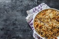 Granola on a dark background. Top view, flat lay. The concept of healthy sports nutrition for breakfast Royalty Free Stock Photo