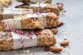 Granola energy bars with figs, oatmeal, almond, cranberry, chia and sunflower seeds, healthy snack, copy space Royalty Free Stock Photo