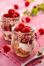 Granola with fresh raspberries and natural yogurt in a glass jar on a wooden pink table. Delicious breakfast or dessert. Royalty Free Stock Photo