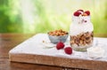 Granola with greek yogurt parfait fresh raspberries, coconut in a glass on wooden table outdoors. Healthy, tasty summer breakfast Royalty Free Stock Photo