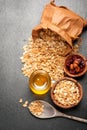 Granola, honey, nuts and dried fruits. Royalty Free Stock Photo