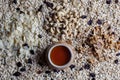 Granola ingredients from above with honey