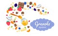 Granola ingredients like berries, chocolate, nuts, crispy rice, chia and pumpkin seeds, coconut, honey.