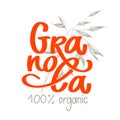 Granola logo design vector. Organic product premium quality. Lettering with spikelets of oats. Calligraphy healthy food