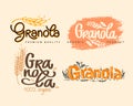 Granola logo set vector. Organic product. Collection of lettering compositions with spikelets and decorative elements