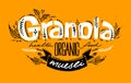 Granola logo template with handwritten calligraphy lettering composition and ribbon in doodle style. Muesli, organic