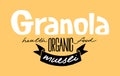 Granola logo template with handwritten calligraphy lettering composition and ribbon in hand made style. Muesli, organic