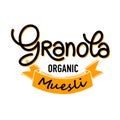 Granola logo template vector with handwritten calligraphy lettering composition and ribbon in hand made style. Muesli