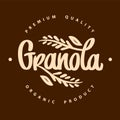 Granola logo vector. Organic product premium quality. Lettering with spikelets. Handwritten calligraphy. Healthy food